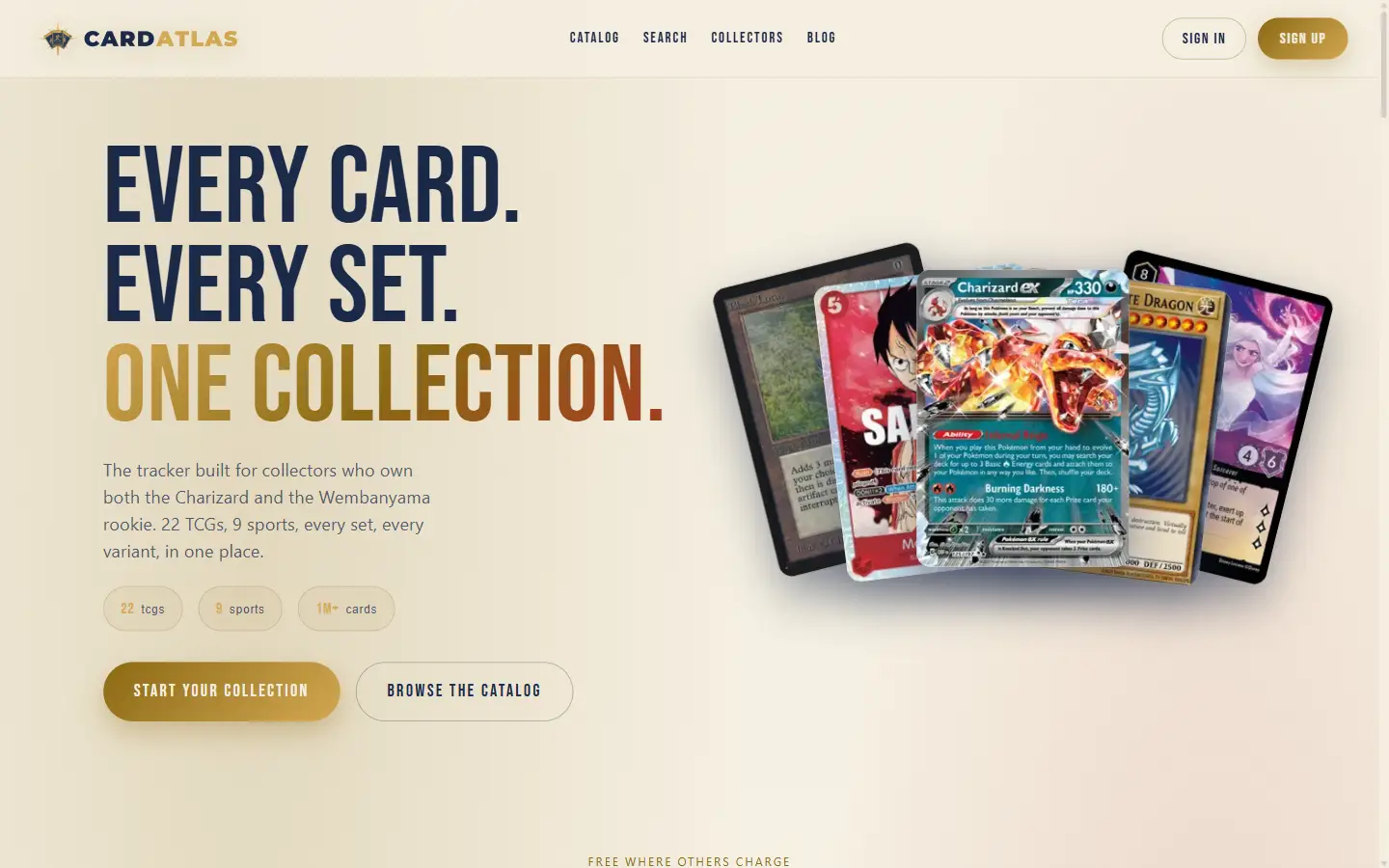 The Card Atlas landing page, headlined "Every card. Every set. One collection.", with a fan of trading cards and counters reading 22 TCGs, 9 sports and 1M+ cards.