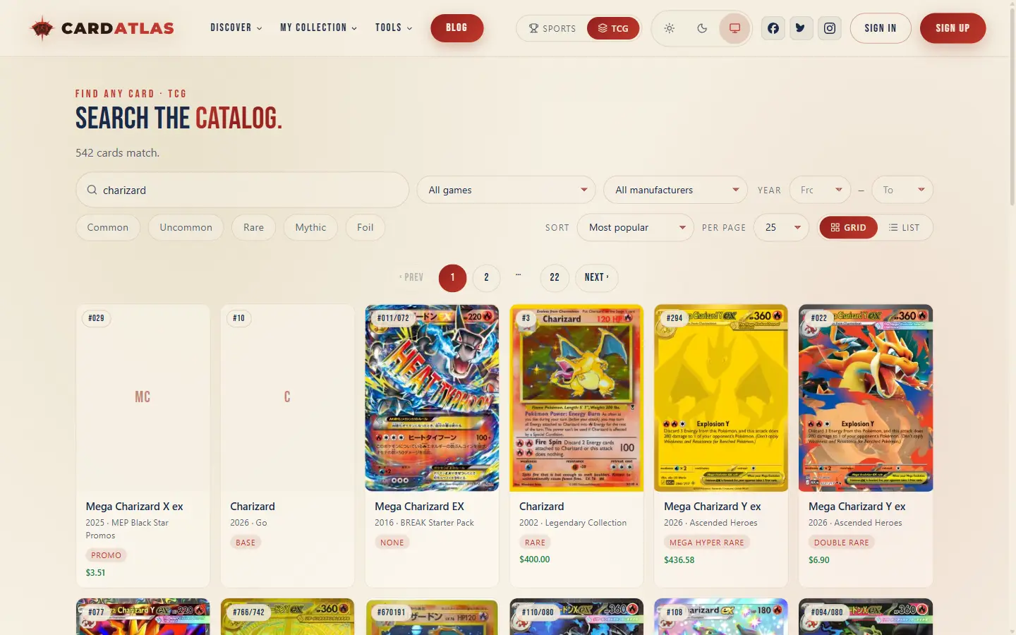 Search results for "charizard" showing 542 matching cards with artwork, set names, rarity tags and market prices.